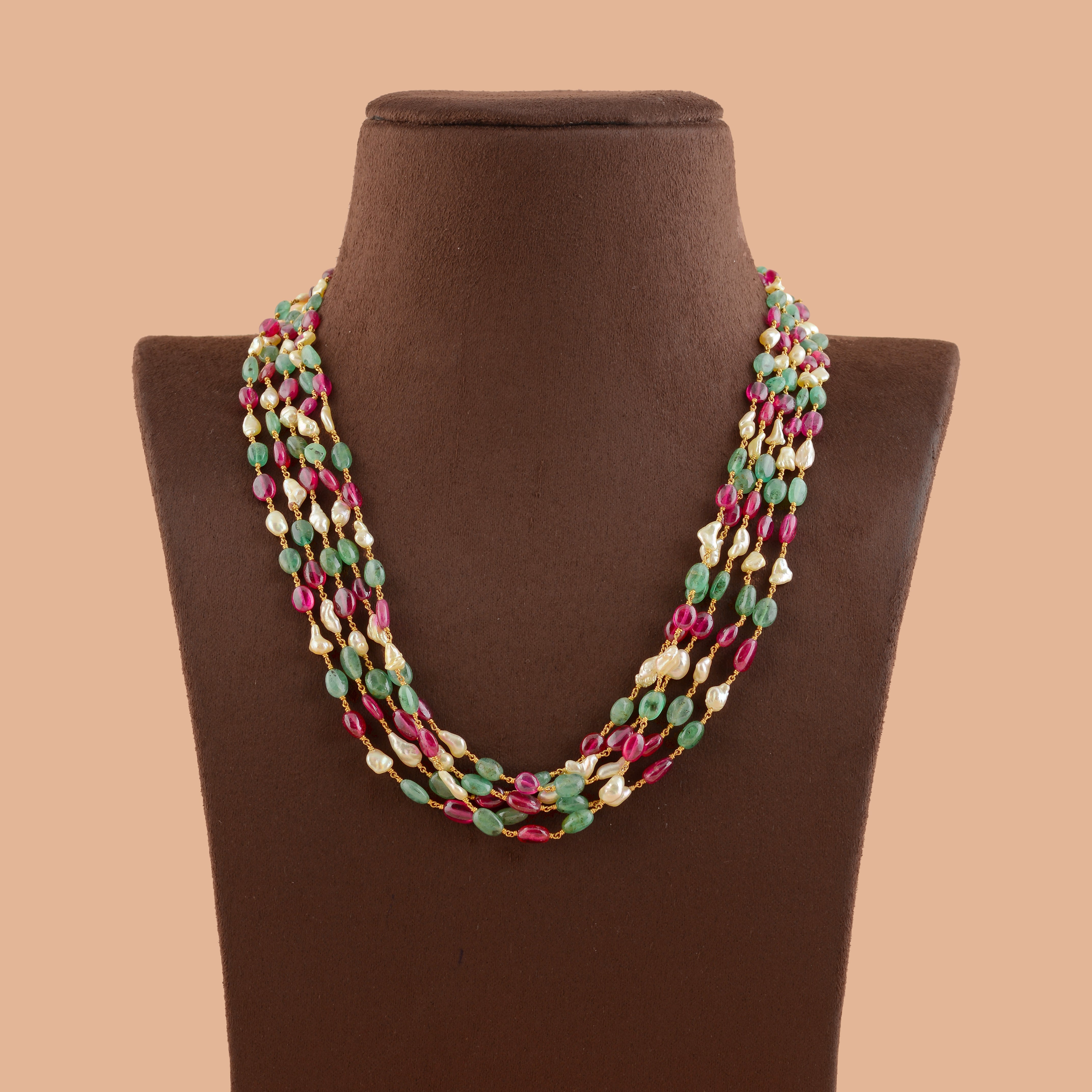 Emerald Enchantment: Keshi Pearl Necklace in Gold - Krishna Jewellers Pearls and Gems