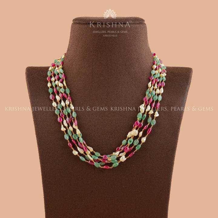 Emerald Enchantment: Keshi Pearl Necklace in Gold - Krishna Jewellers Pearls and Gems