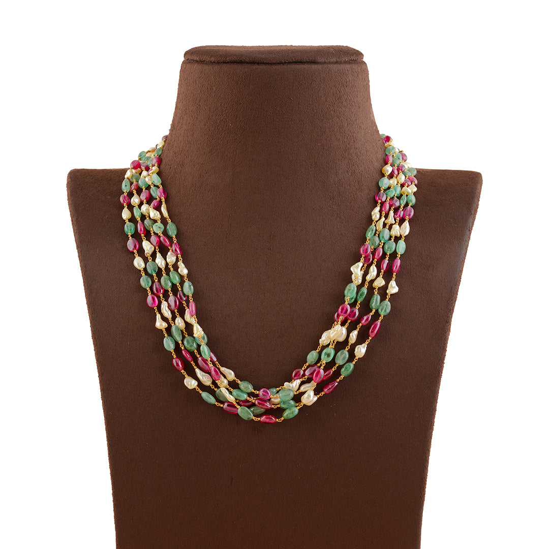 Emerald Enchantment: Keshi Pearl Necklace in Gold - Krishna Jewellers Pearls and Gems