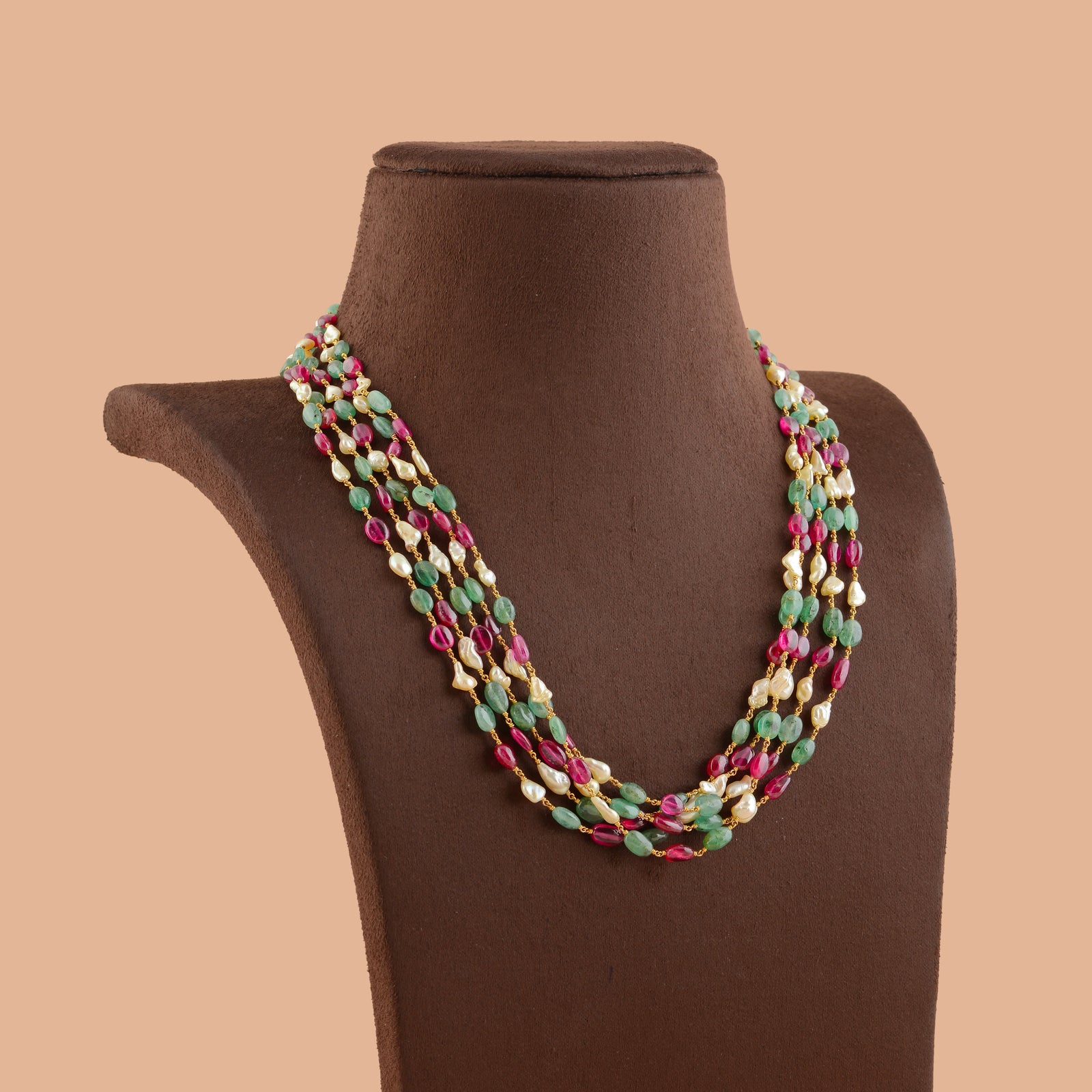 Emerald Enchantment: Keshi Pearl Necklace in Gold - Krishna Jewellers Pearls and Gems