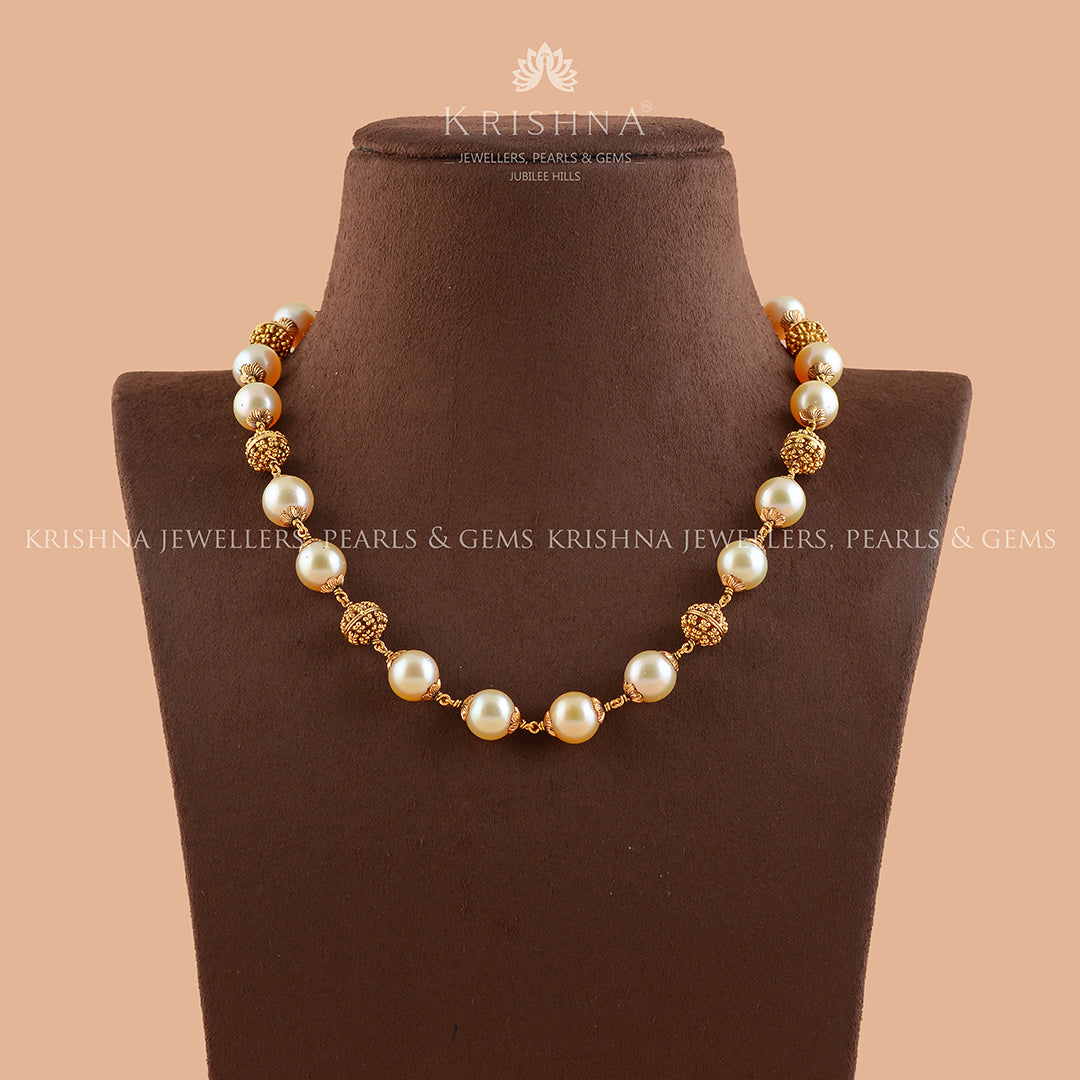 South Sea Pearl Necklace with Gold Nakshi Balls - Krishna Jewellers Pearls and Gems