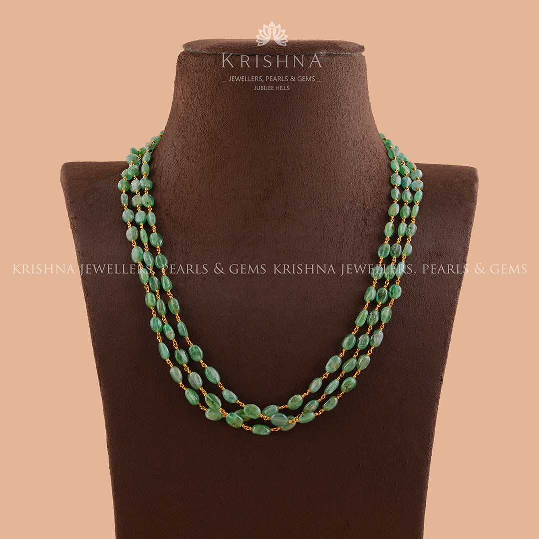 Triple Line Emerald Beads Necklace in Gold - Krishna Jewellers Pearls and Gems