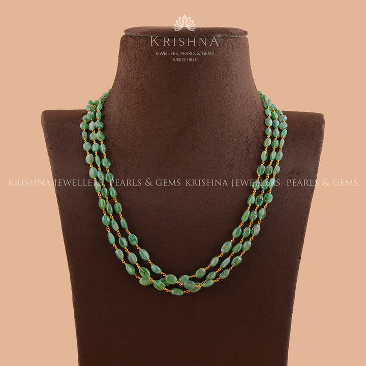 Triple Line Emerald Beads Necklace in Gold - Krishna Jewellers Pearls and Gems