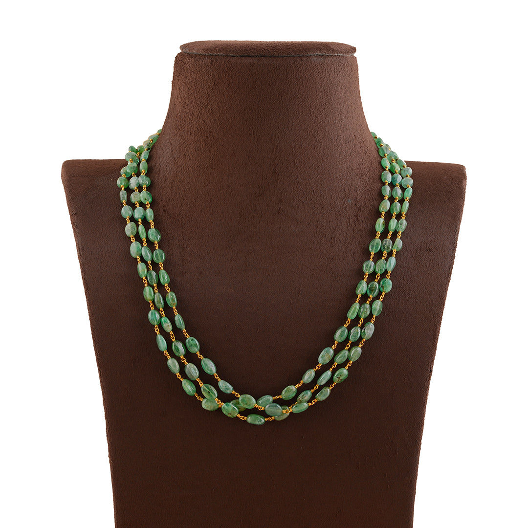 Triple Line Emerald Beads Necklace in Gold - Krishna Jewellers Pearls and Gems