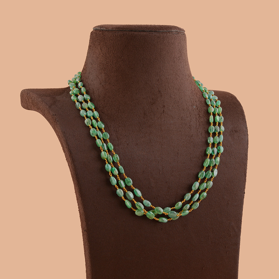 Triple Line Emerald Beads Necklace in Gold - Krishna Jewellers Pearls and Gems
