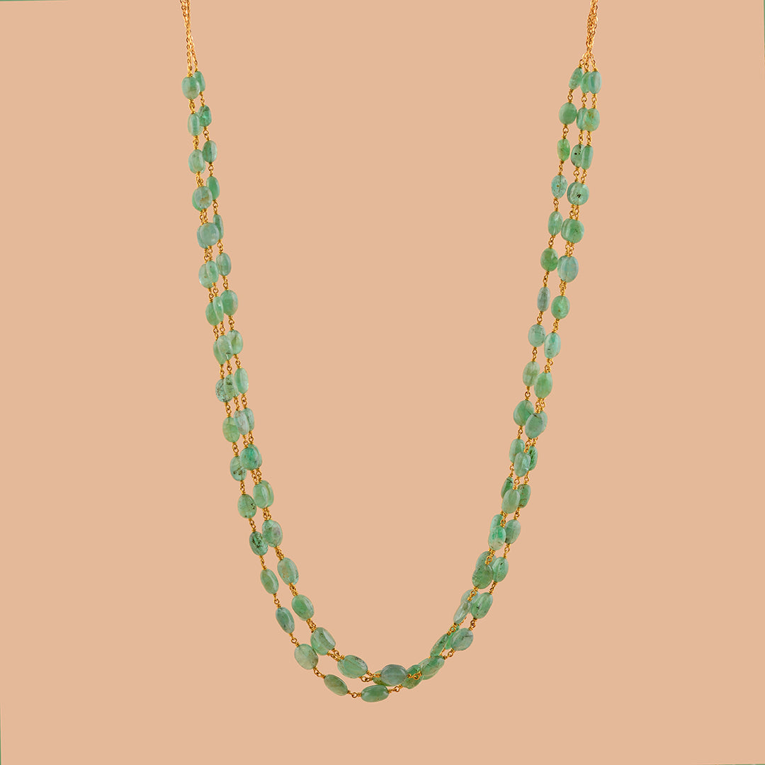 Triple Line Emerald Beads Necklace in Gold - Krishna Jewellers Pearls and Gems