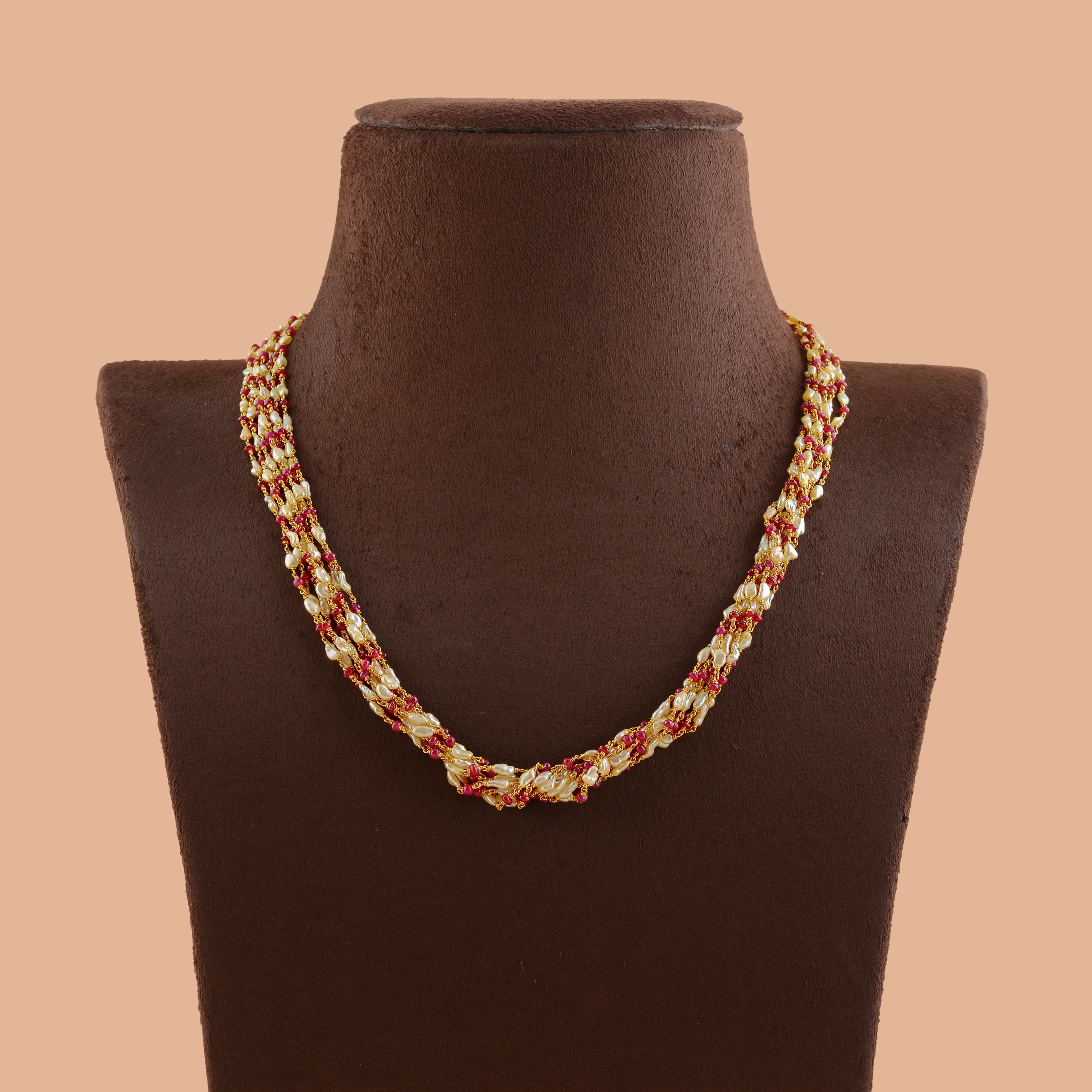 Octadic Keshi Pearl Necklace with Ruby Accents - Krishna Jewellers Pearls and Gems