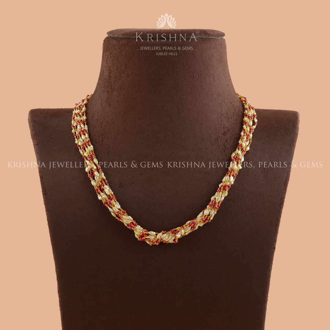 Octadic Keshi Pearl Necklace with Ruby Accents - Krishna Jewellers Pearls and Gems