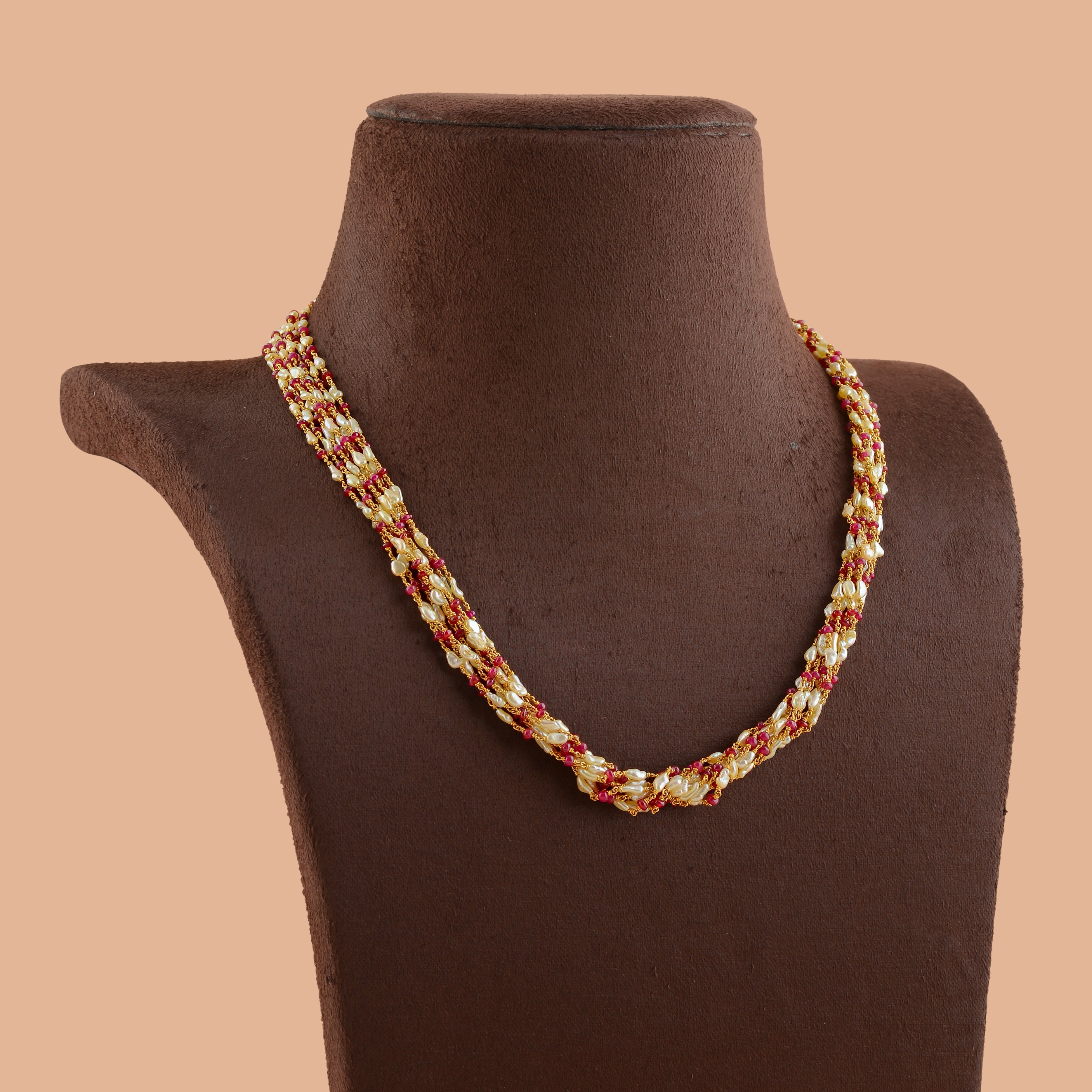 Octadic Keshi Pearl Necklace with Ruby Accents - Krishna Jewellers Pearls and Gems