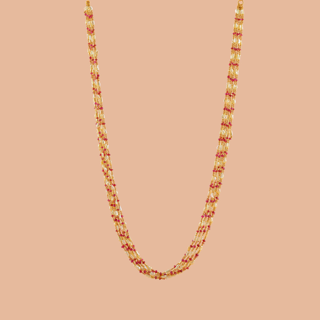 Octadic Keshi Pearl Necklace with Ruby Accents - Krishna Jewellers Pearls and Gems