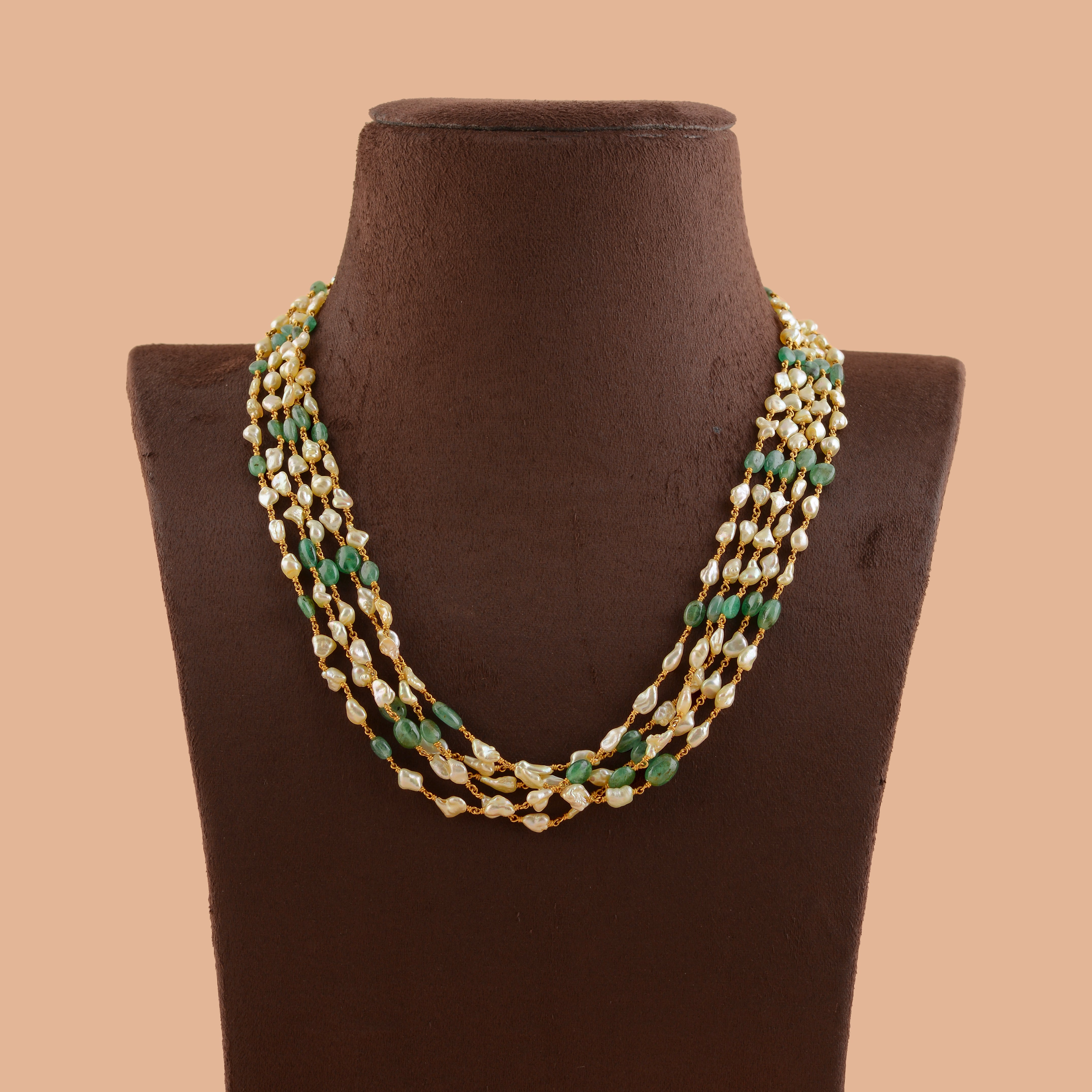 Multiline Pearl and Emerald Necklace in Gold - Krishna Jewellers Pearls and Gems