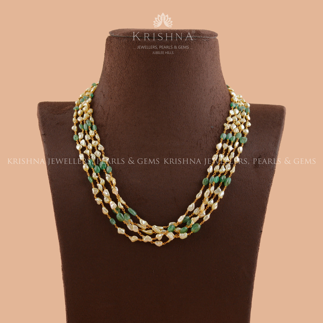 Multiline Pearl and Emerald Necklace in Gold - Krishna Jewellers Pearls and Gems