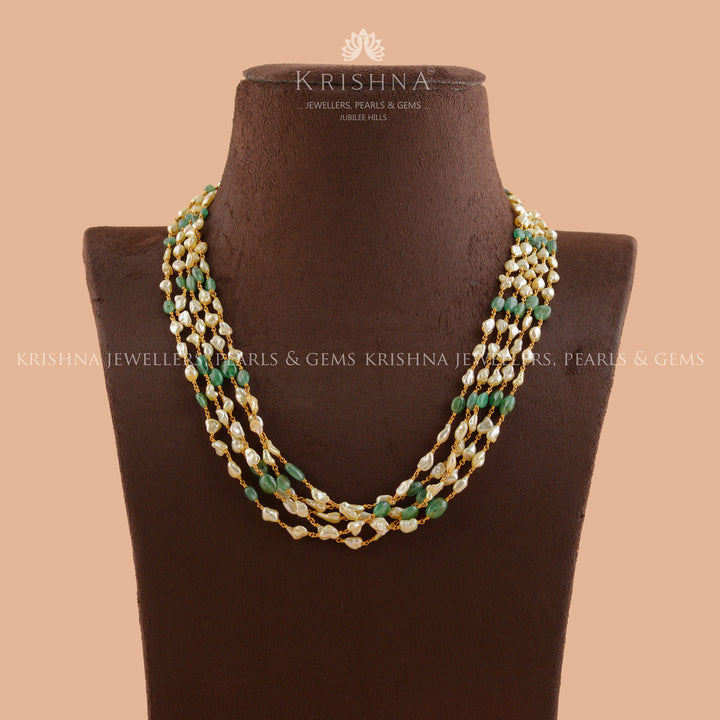 Multiline Pearl and Emerald Necklace in Gold - Krishna Jewellers Pearls and Gems