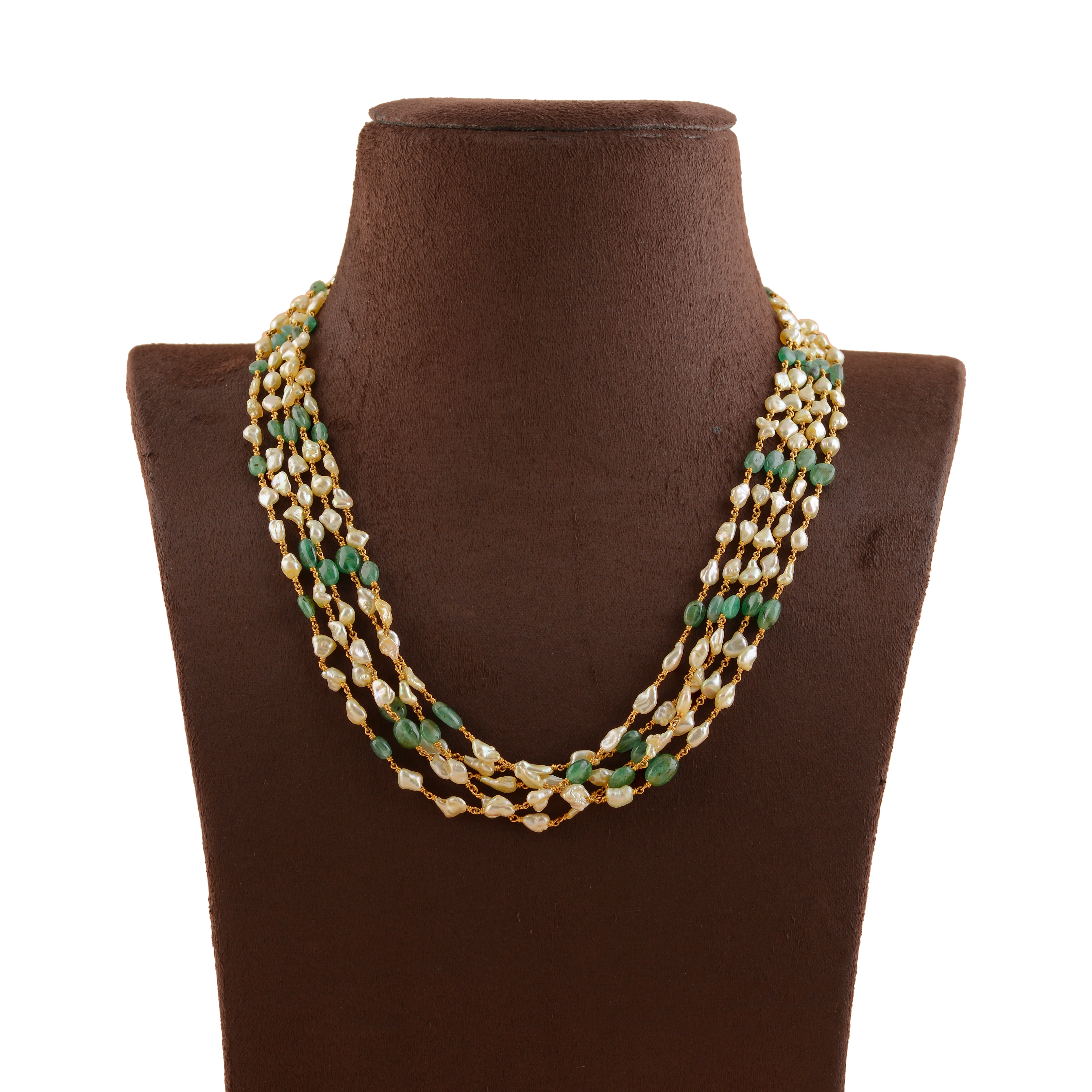 Multiline Pearl and Emerald Necklace in Gold - Krishna Jewellers Pearls and Gems