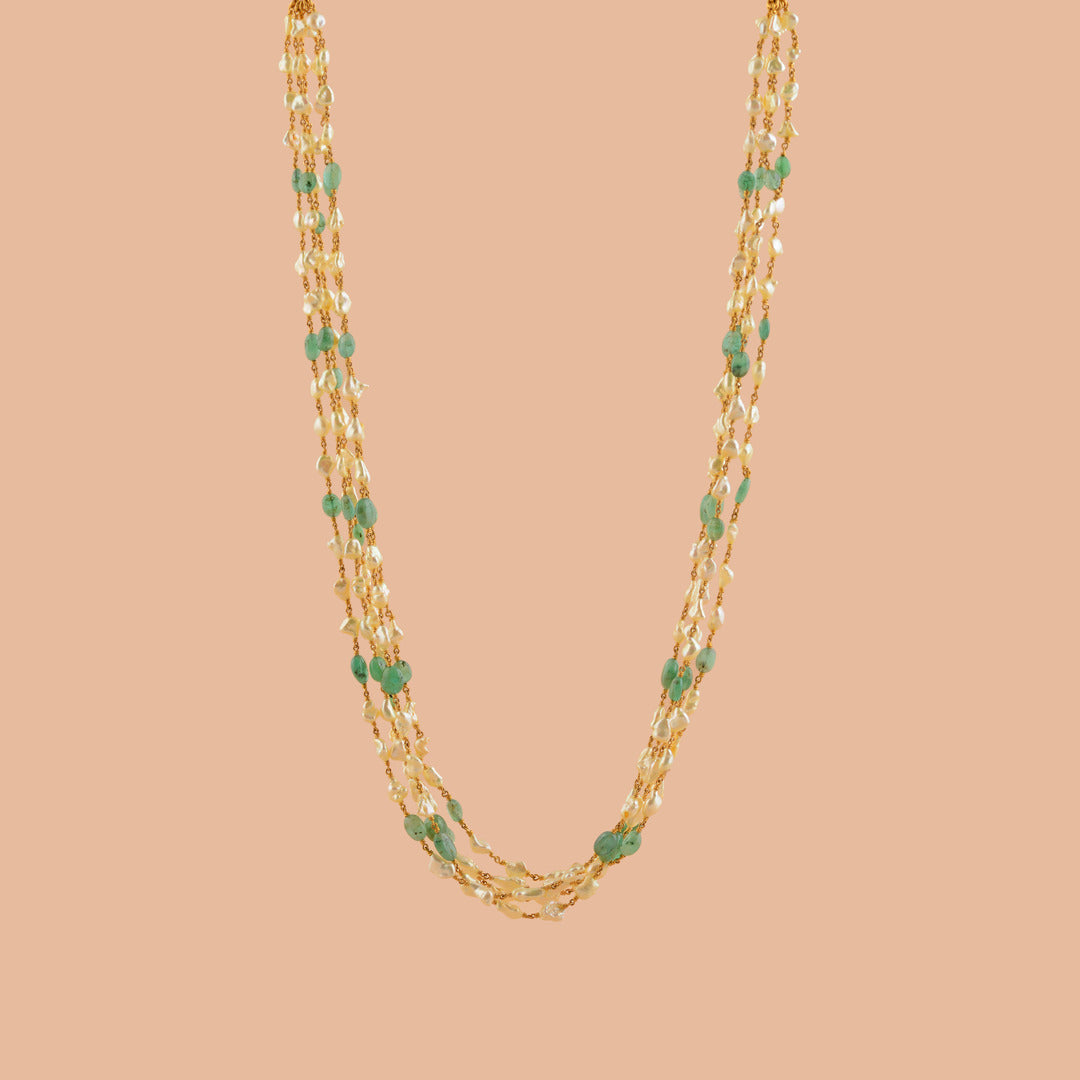 Multiline Pearl and Emerald Necklace in Gold - Krishna Jewellers Pearls and Gems