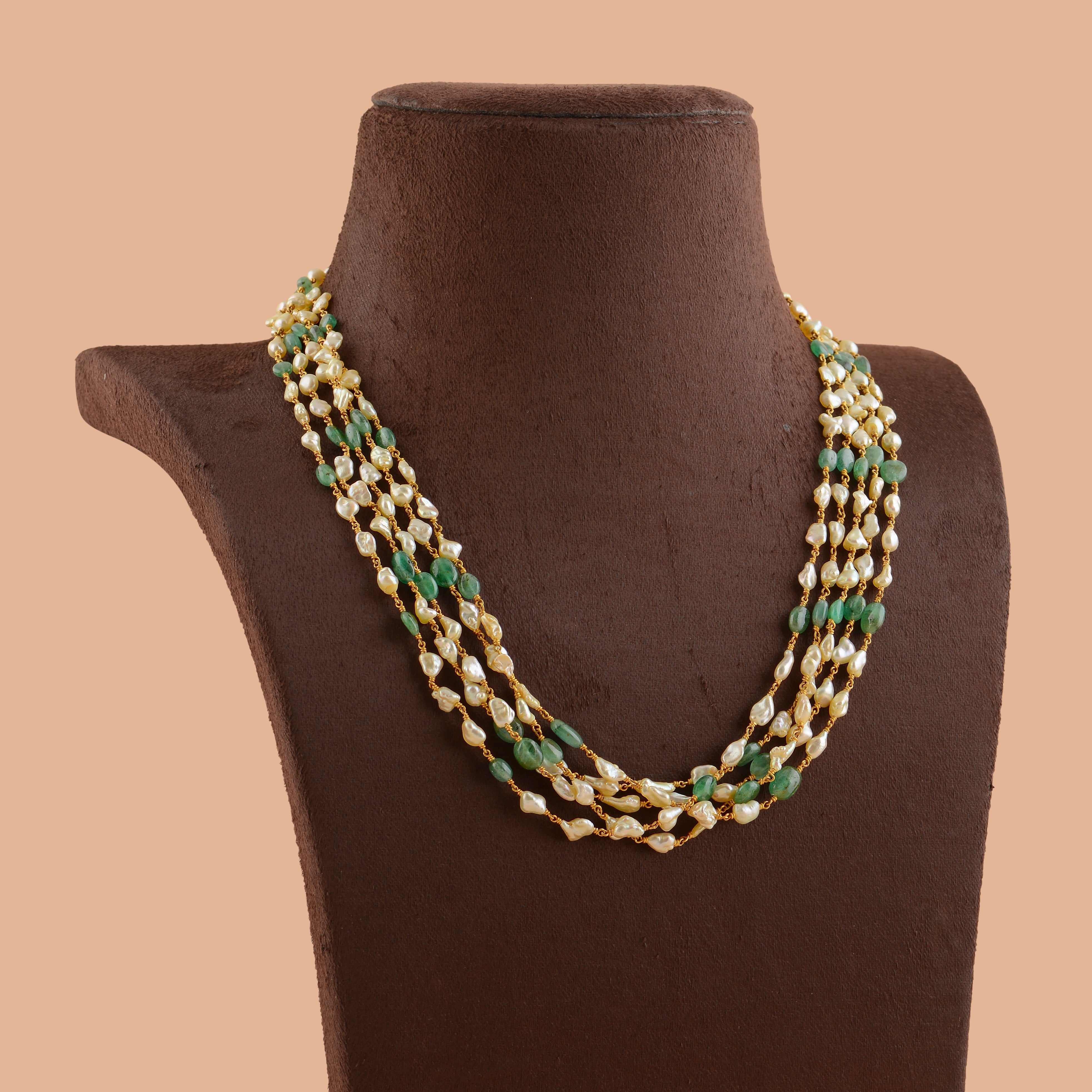 Multiline Pearl and Emerald Necklace in Gold - Krishna Jewellers Pearls and Gems