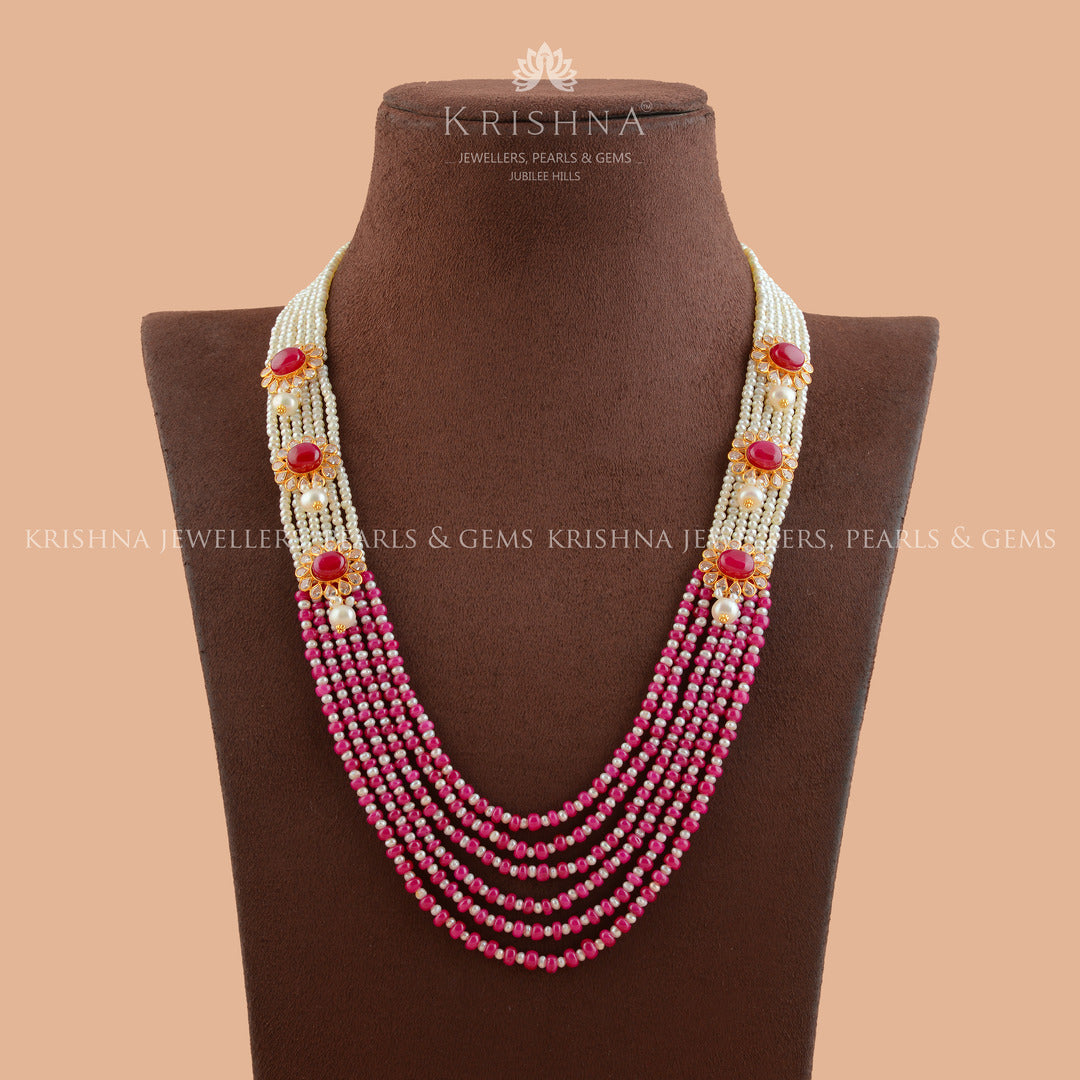 Five Layered MultiShade Gold Pearl Necklace - Krishna Jewellers Pearls and Gems