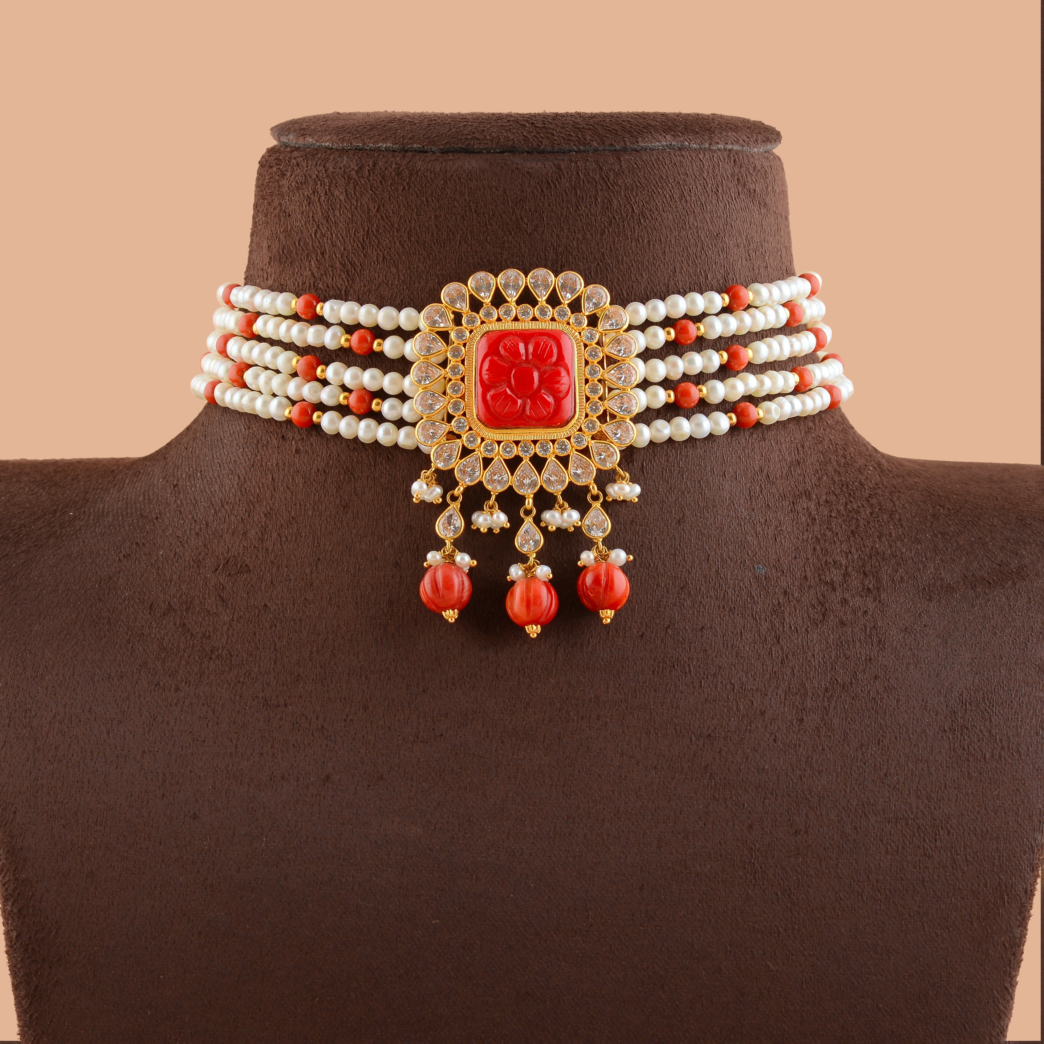 Gold Pearl Coral Choker Necklace - Krishna Jewellers Pearls and Gems