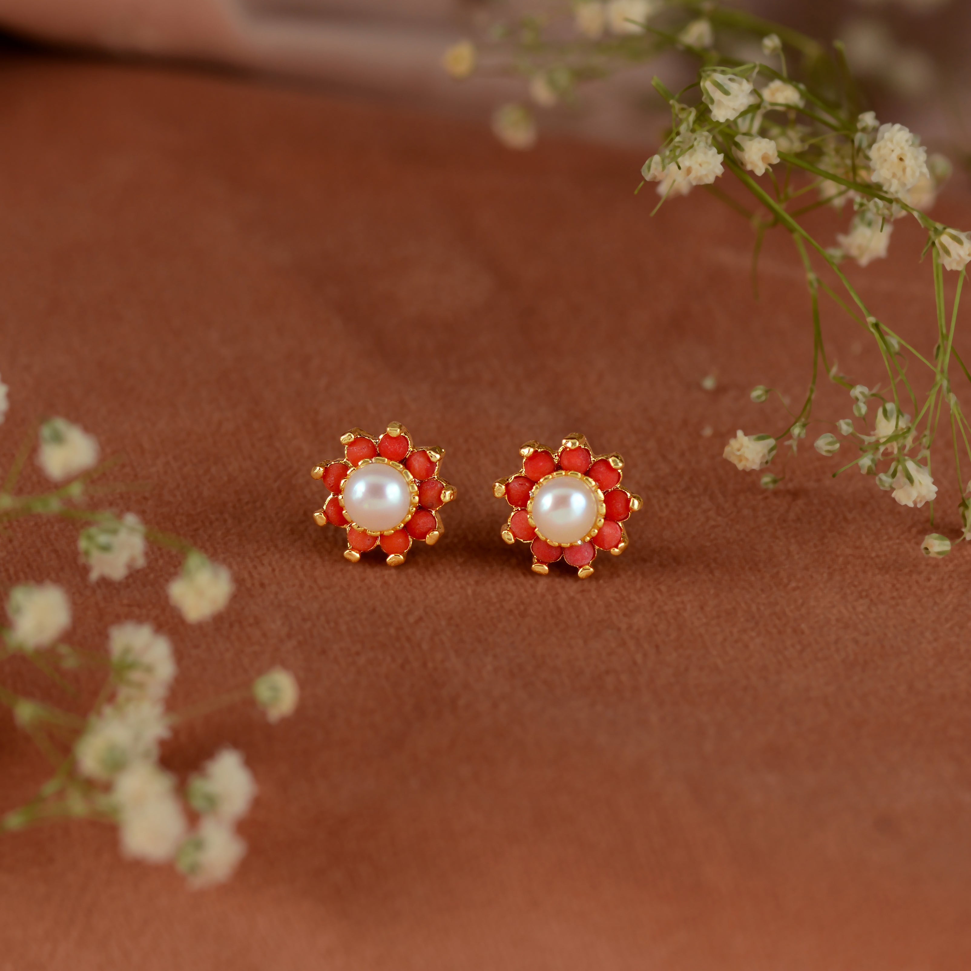 Coral & Pearl Floral Stud