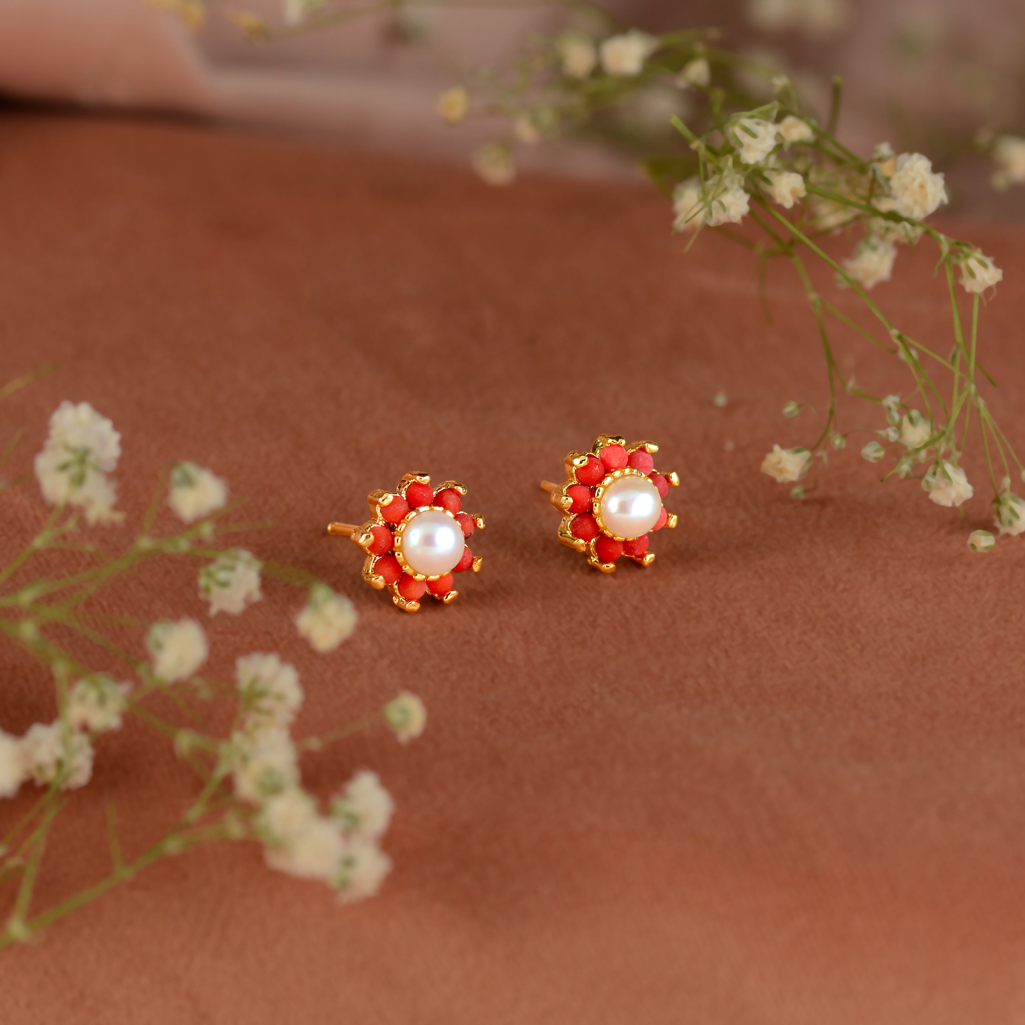 Coral & Pearl Floral Stud