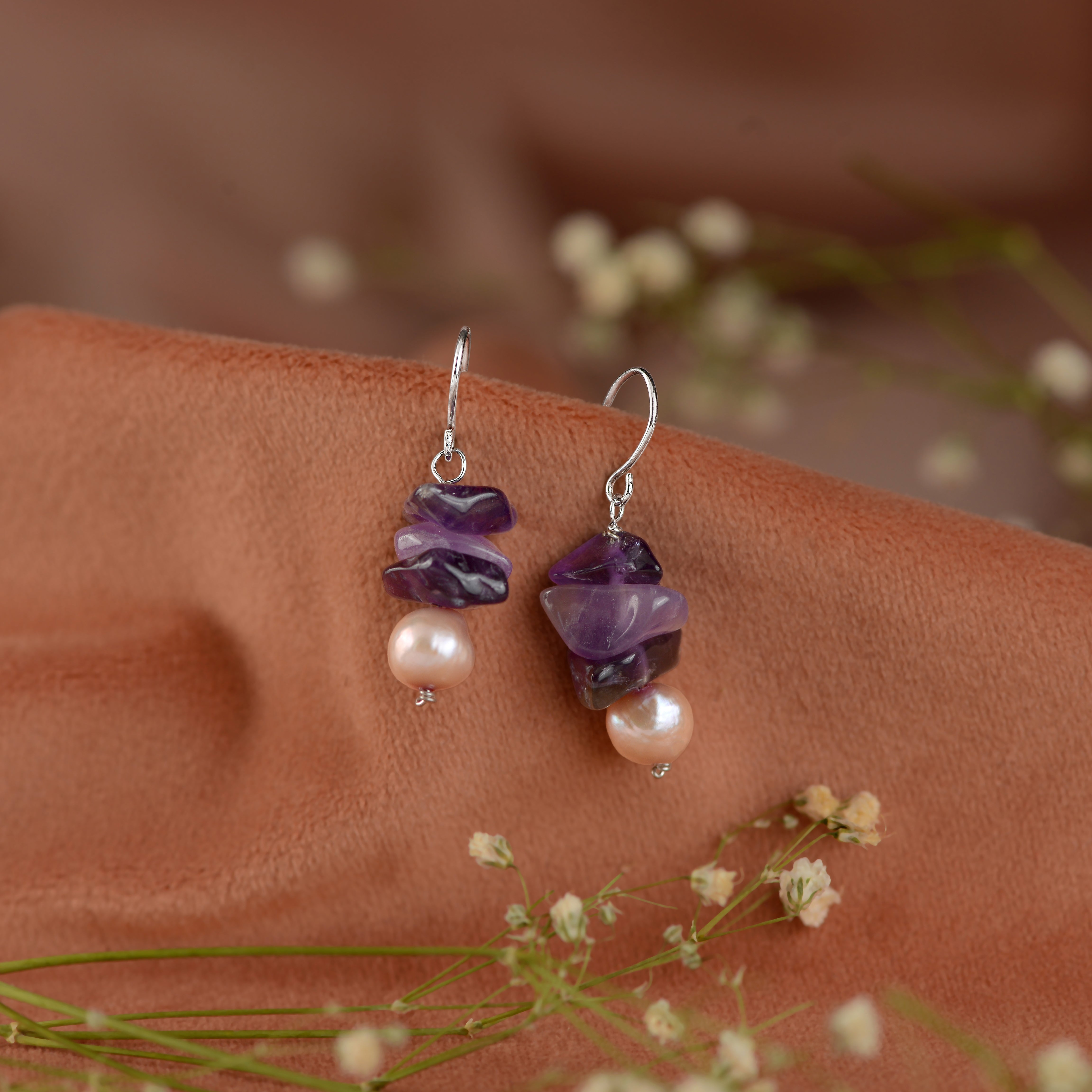 Natural Pearl and Amethyst Hanging Earrings