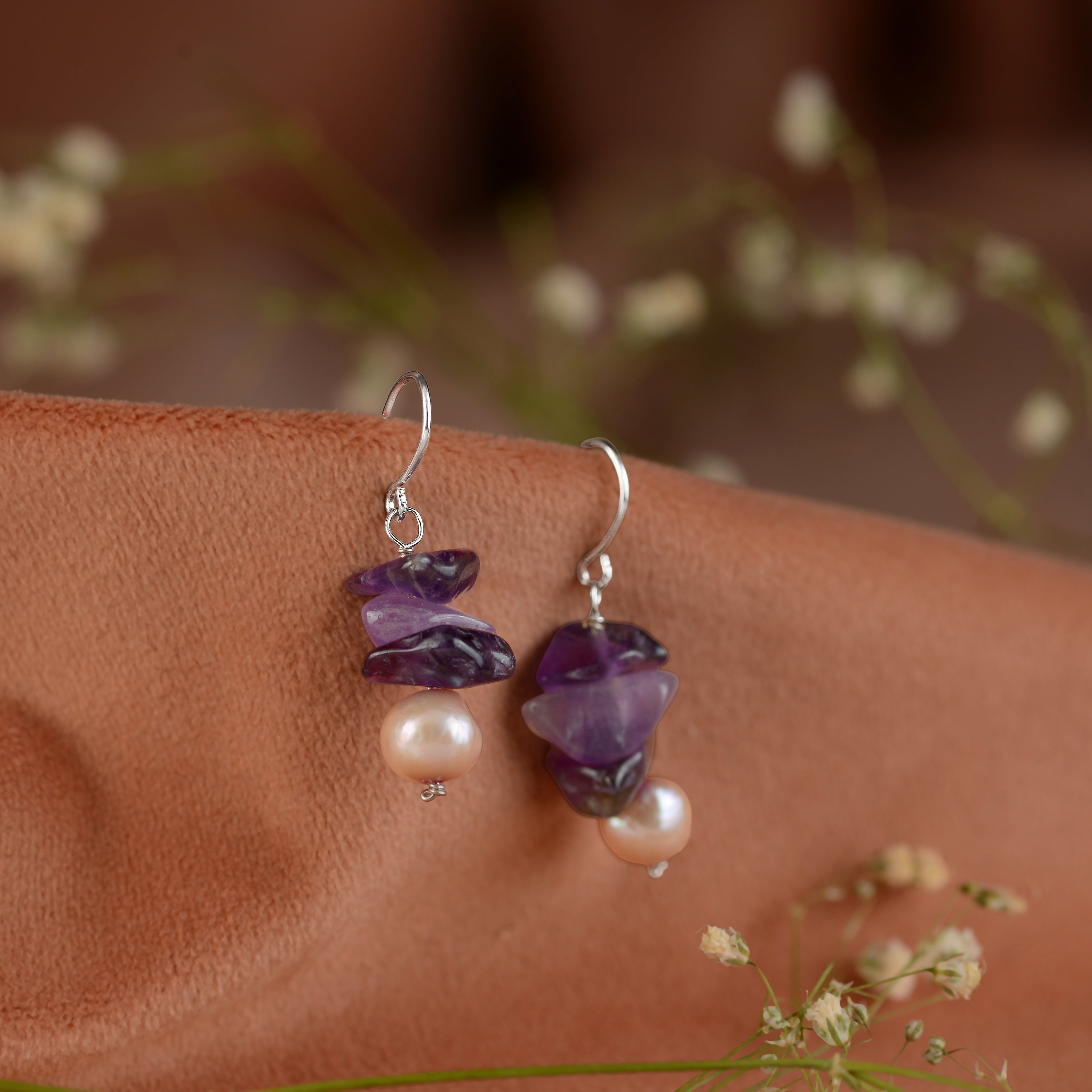 Natural Pearl and Amethyst Hanging Earrings