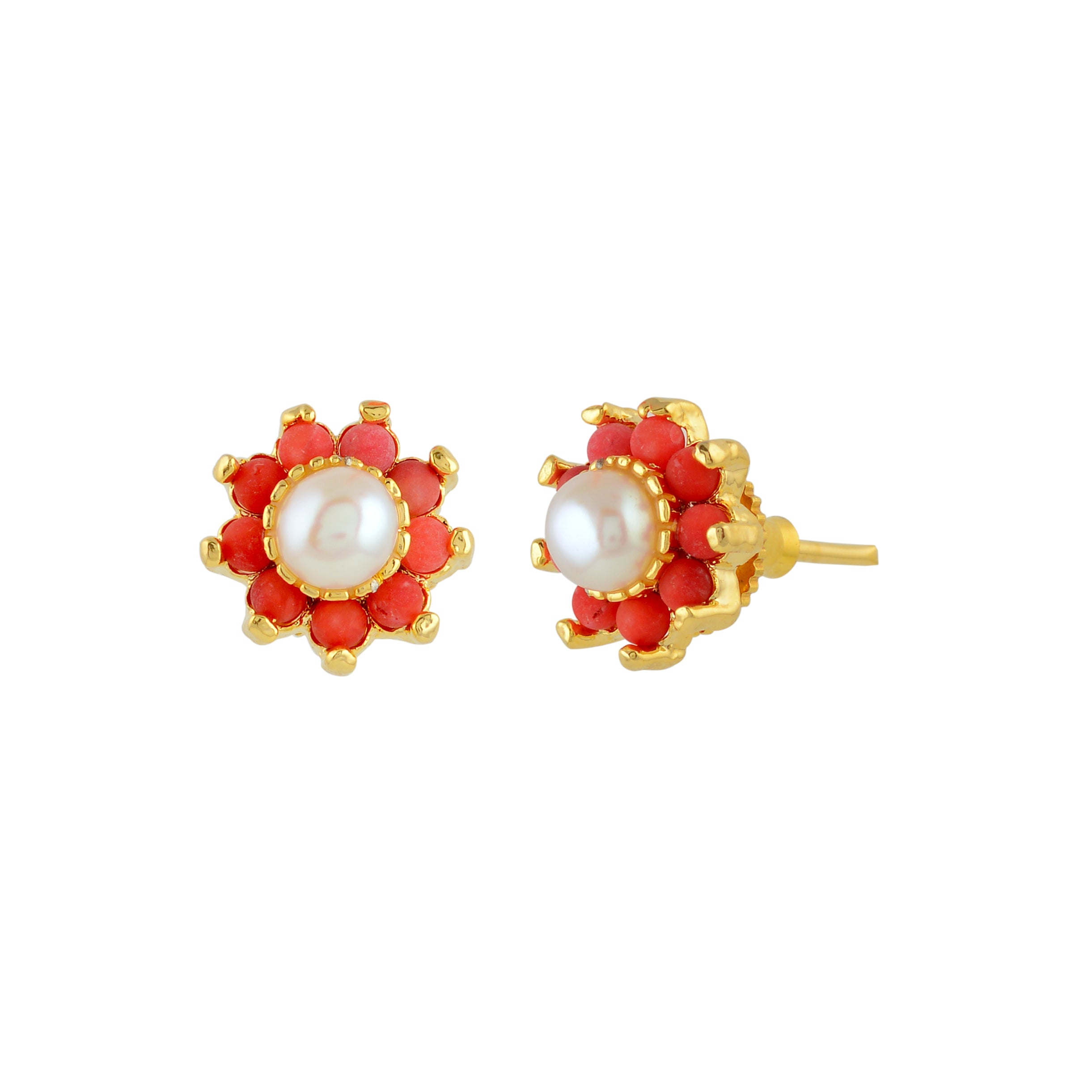Coral & Pearl Floral Stud