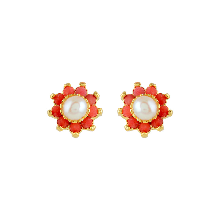 Coral & Pearl Floral Stud