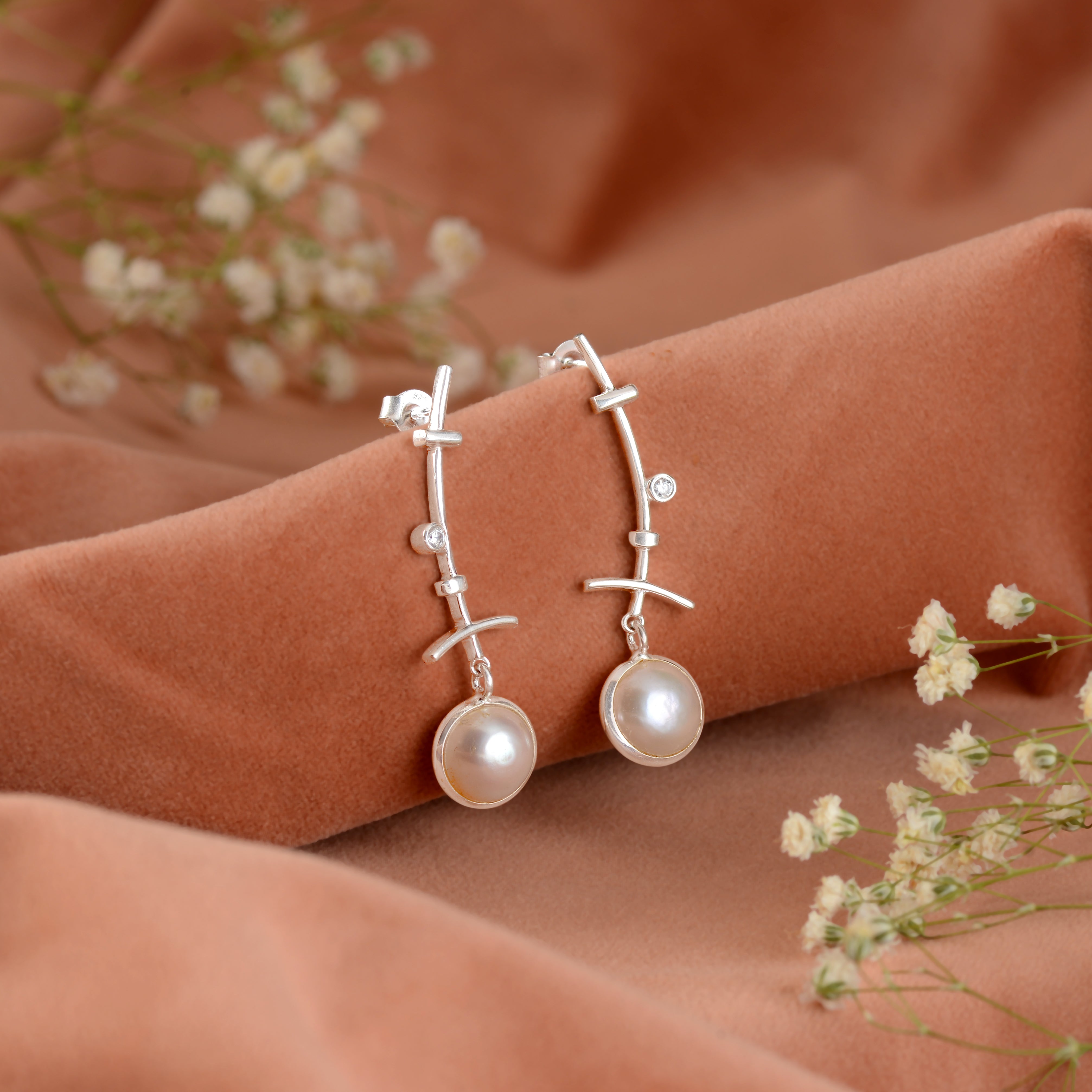 Elegant Silver Button Pearl Earrings