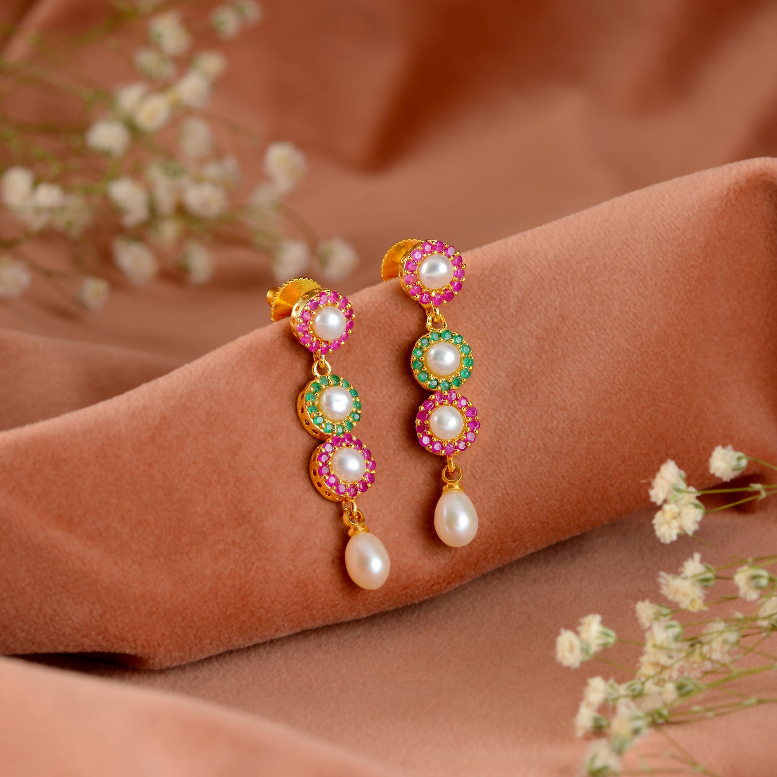 Triple Motif layered Pearl Drop Earrings (freshwater Pearl & Coloured CZ Drop Earrings)