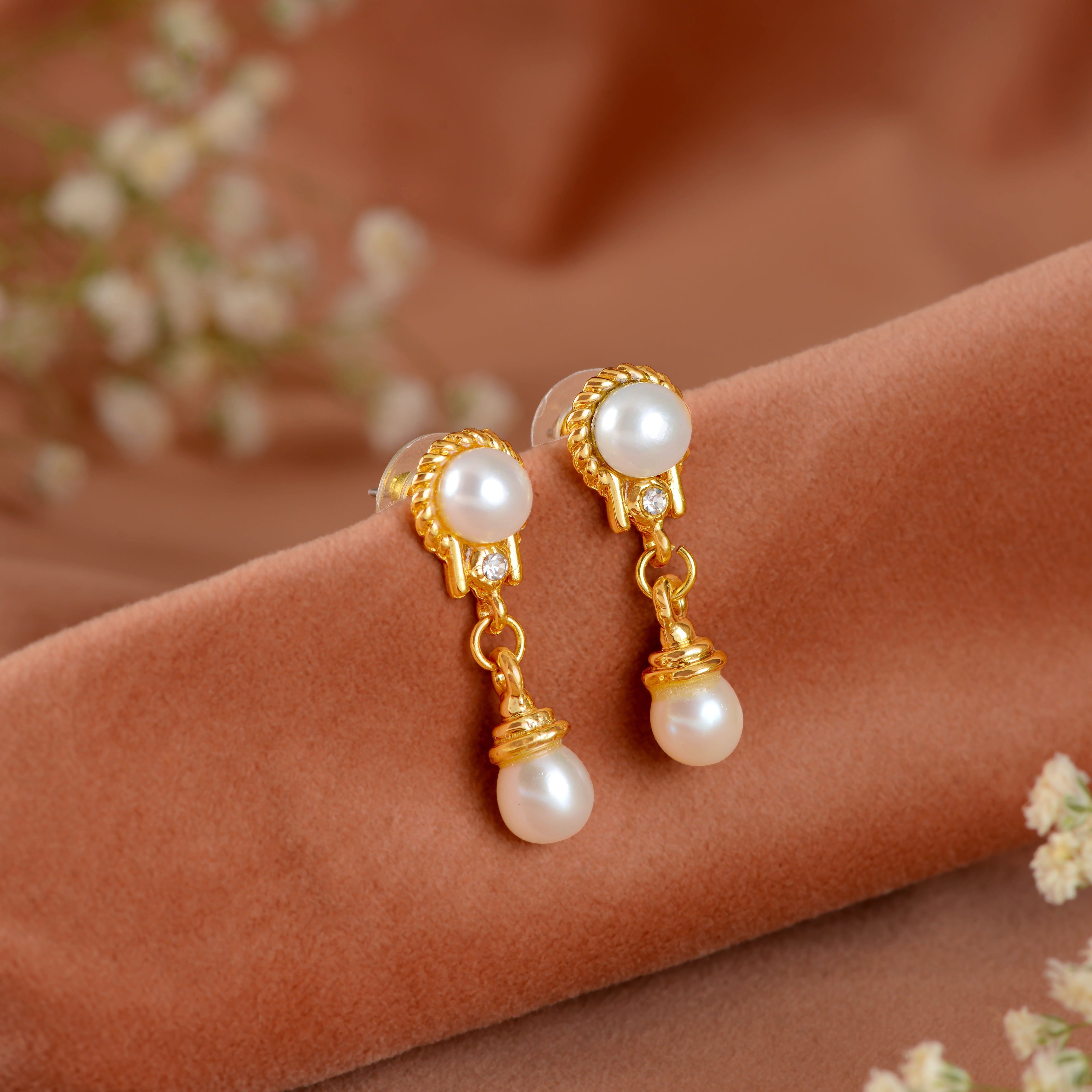 Pearl Drop Earrings with gold finish