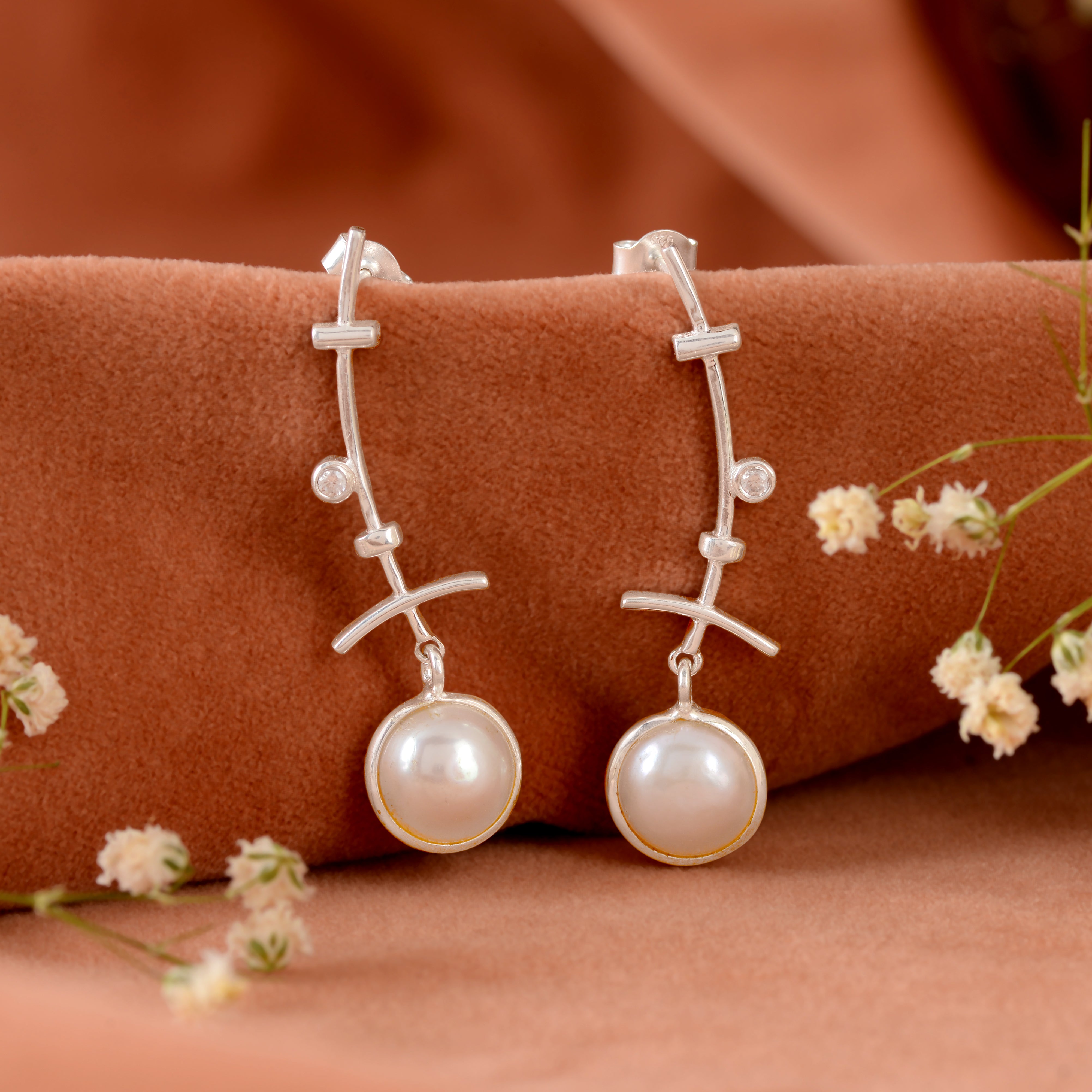 Elegant Silver Button Pearl Earrings