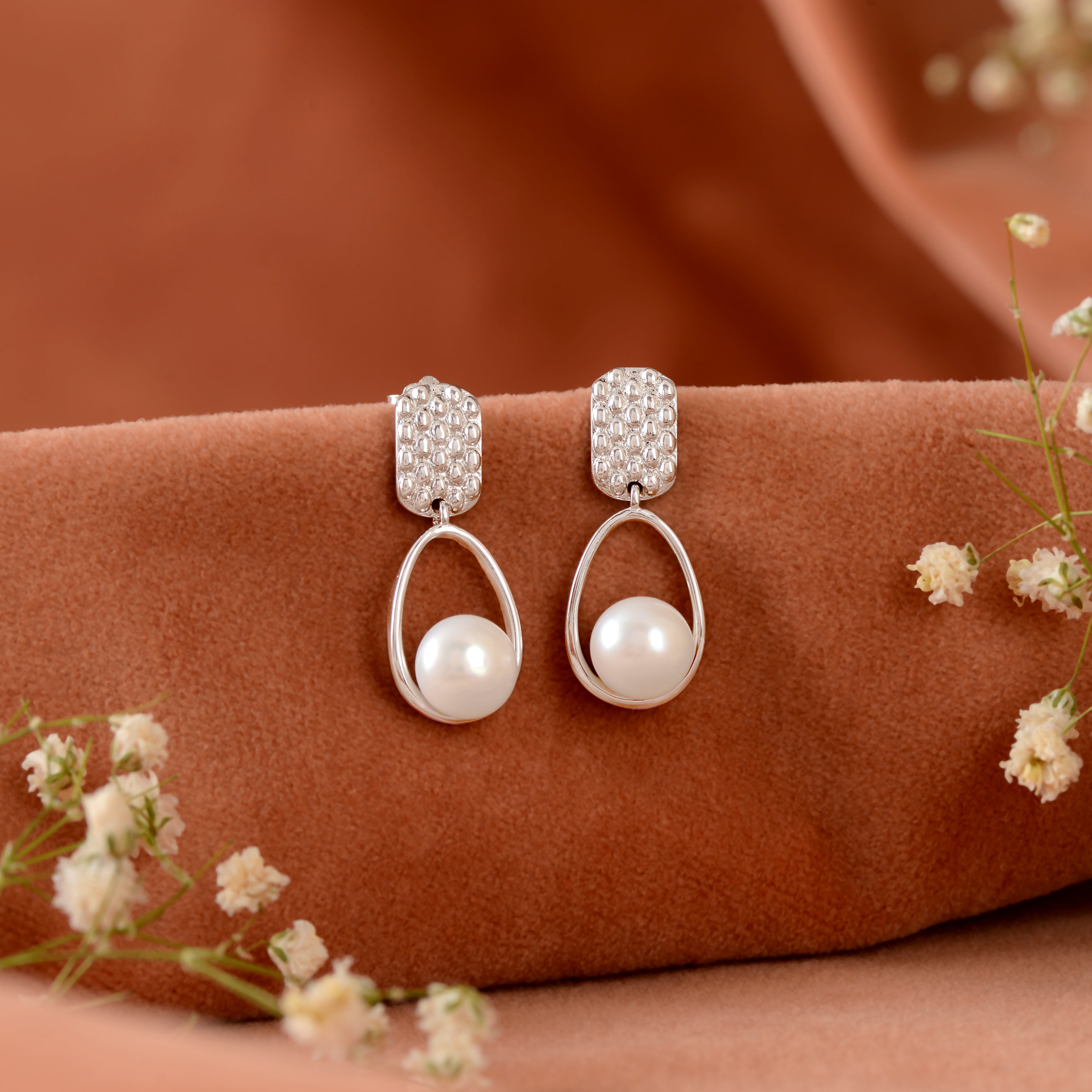 CZ,Silver Hanging Earrings with Freshwater Pearls