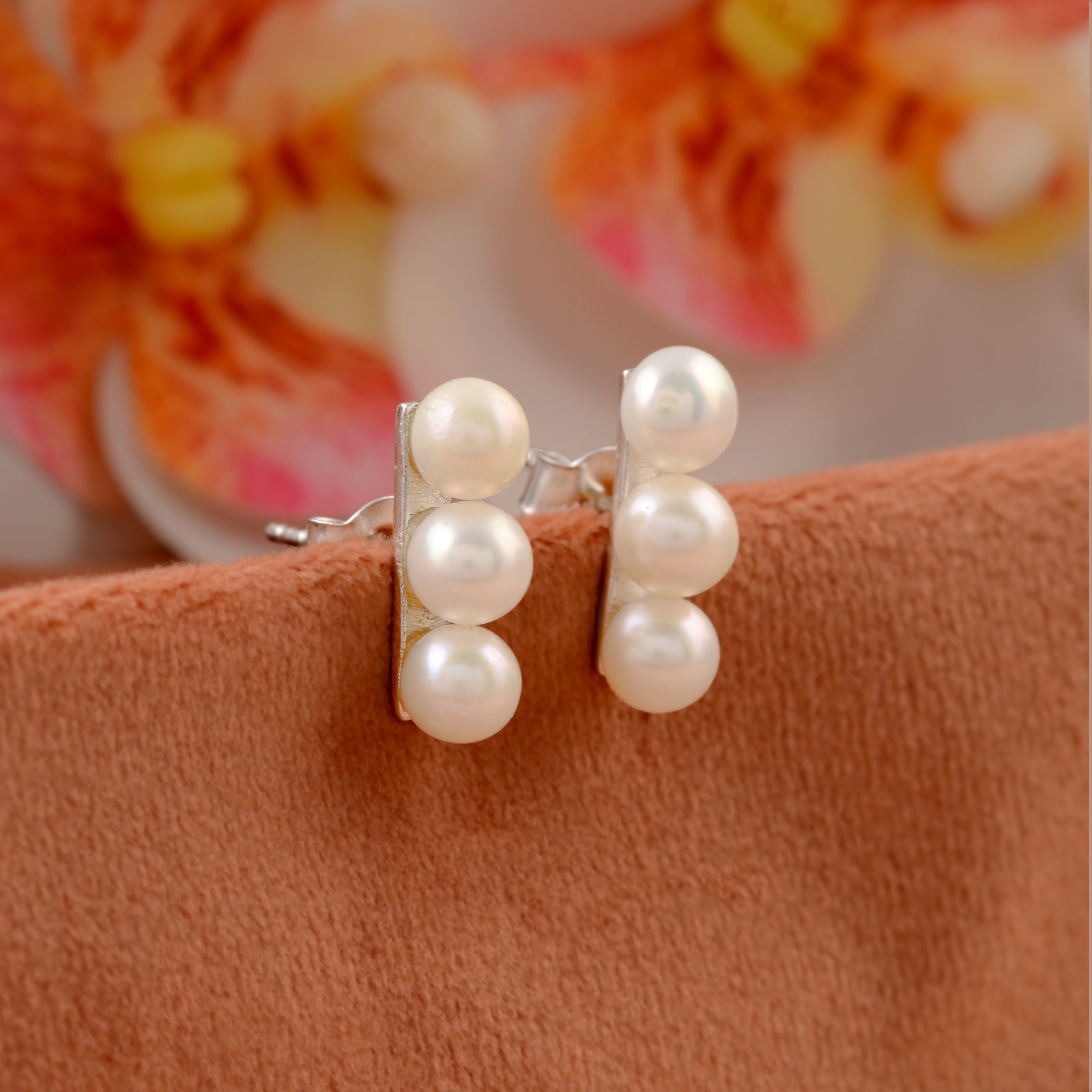 Trevira Pearl Studs (Triple Pearl Stud Earrings with white cultured pearls )