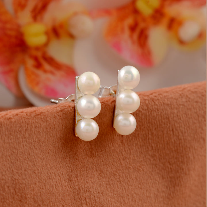 Trevira Pearl Studs (Triple Pearl Stud Earrings with white cultured pearls )