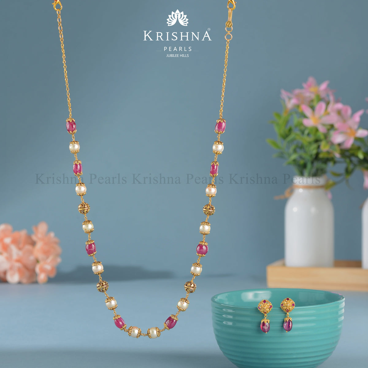 Stunning 22K Gold Chain and Earrings Set with Ruby Beads and