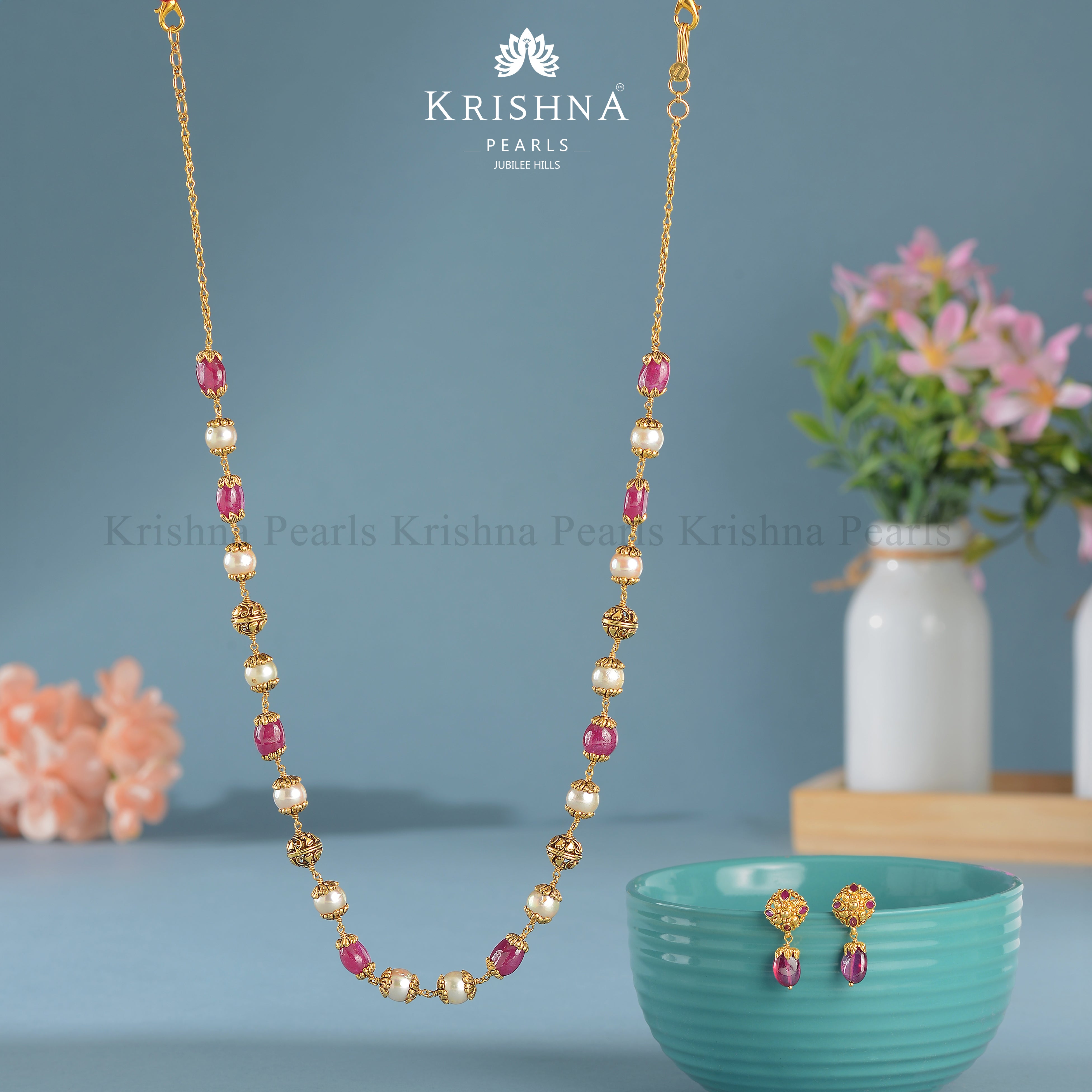 Stunning 22K Gold Chain and Earrings Set with Ruby Beads and Pearls - Krishna Jewellers Pearls and Gems
