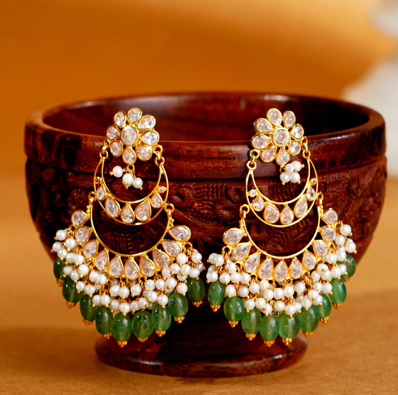 Chandbali Earrings in 22k Gold with CZ Emeralds and Pearls - Krishna Jewellers Pearls and Gems