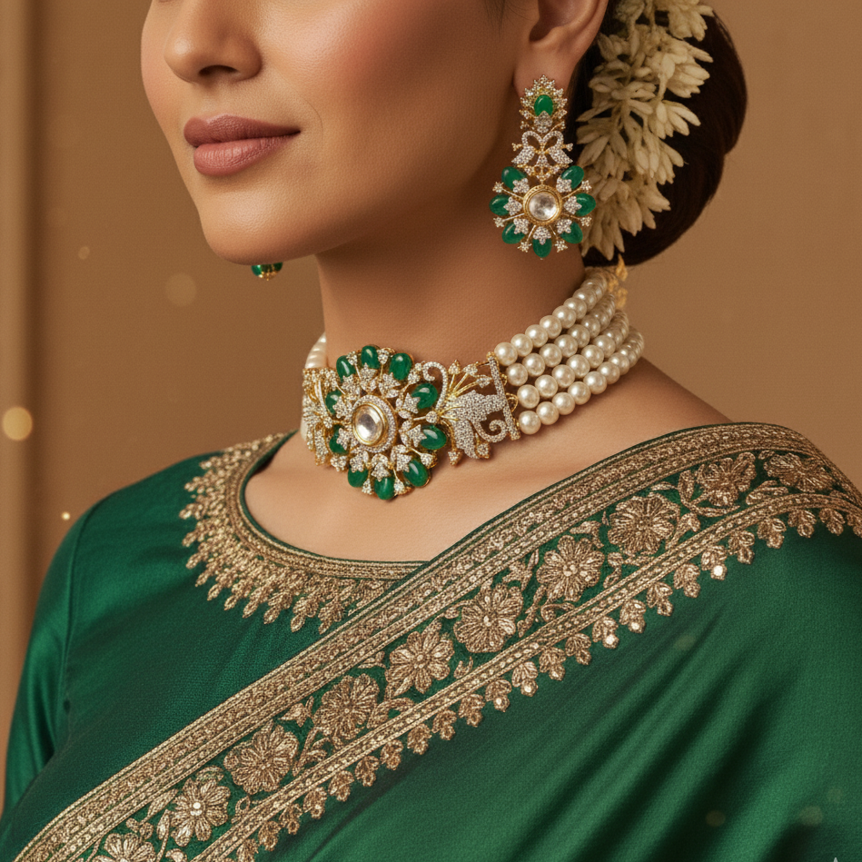 4 Layered Pearl Choker and Earrings with Emerald Stones and CZ's