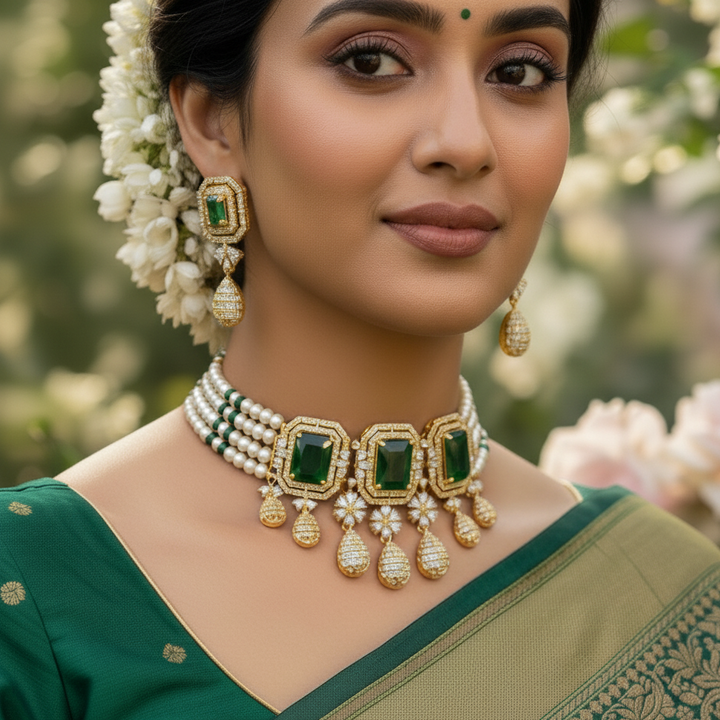 Elegant Natural Pearl Choker Necklace Set with Greenstones