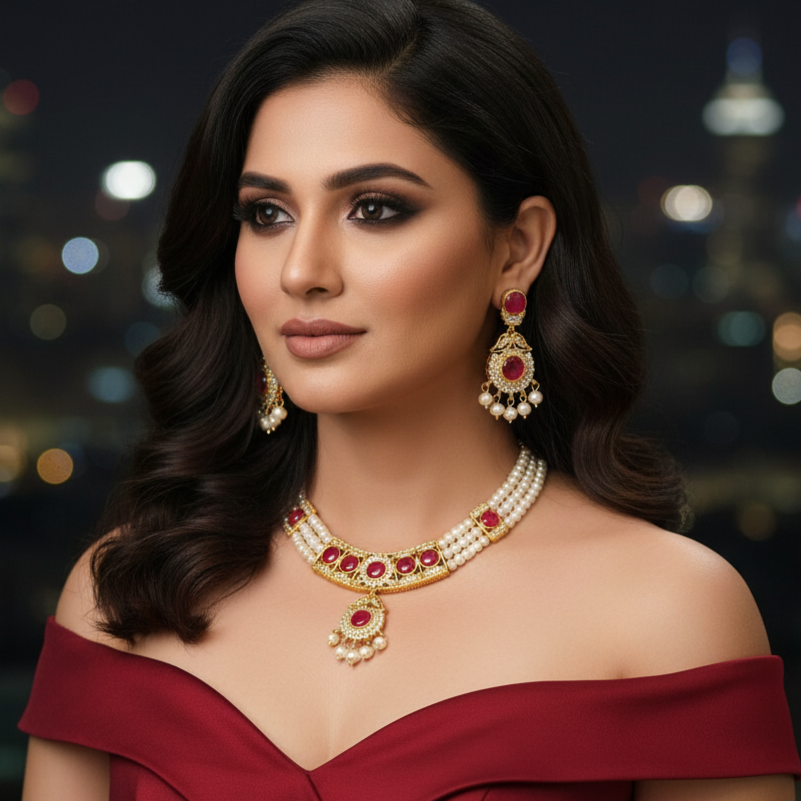 Elegant 3-Layered Necklace Set Adorned with Red Stones