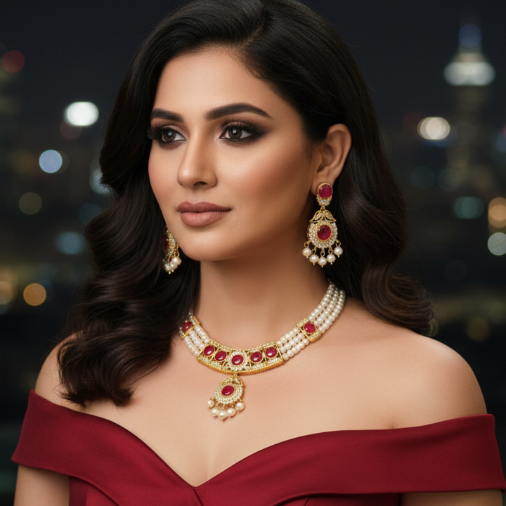 Elegant 3-Layered Necklace Set Adorned with Red Stones