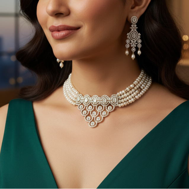 Pearl Choker Set with CZs and Freshwater Pearls