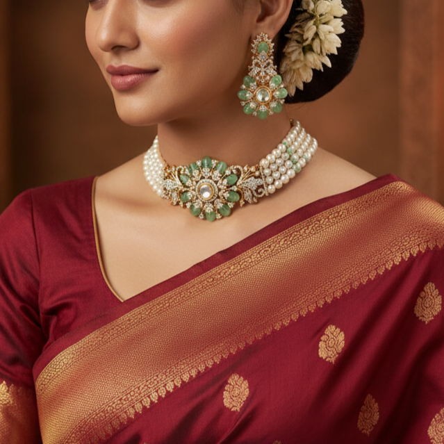 Freshwater Pearl Choker and Earrings with CZ and Green stones