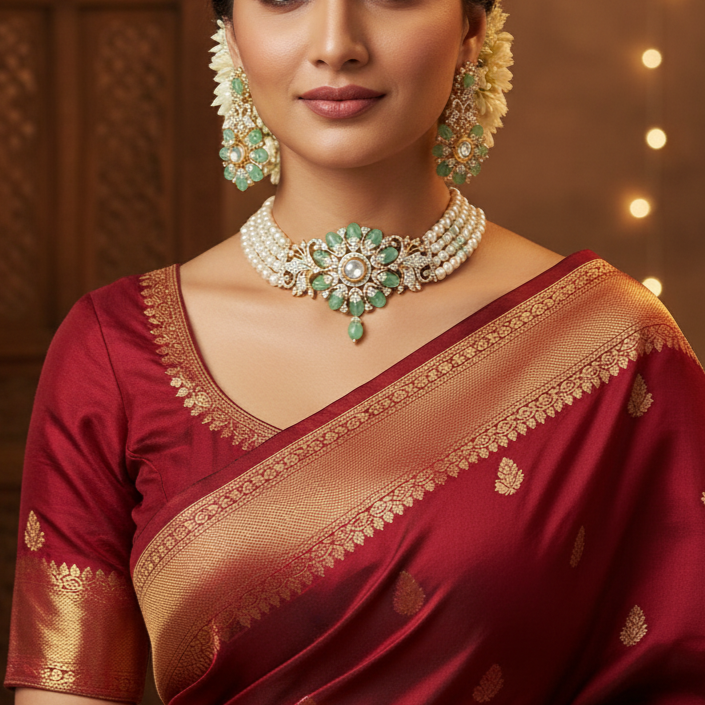 Freshwater Pearl Choker and Earrings with CZ and Green stones