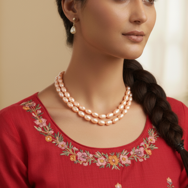 Double-strand pearl necklace in peach color