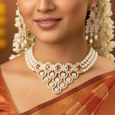 Pearl Choker Set with Red Stones and Freshwater Pearls