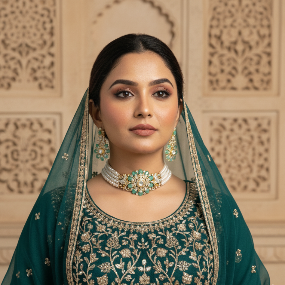 Beautiful Natural Pearl Choker Set with CZ and Green stones