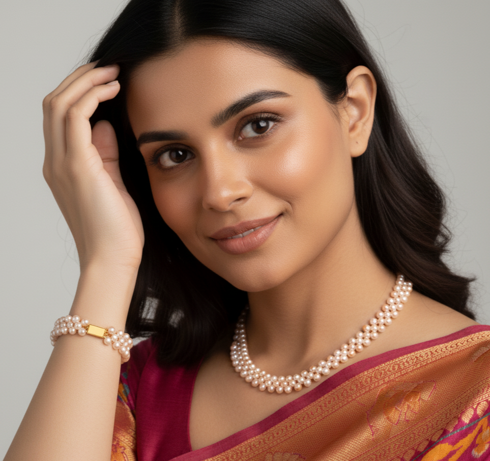 Multishade Pearl Necklace and Bracelet Set in Mesh Pattern