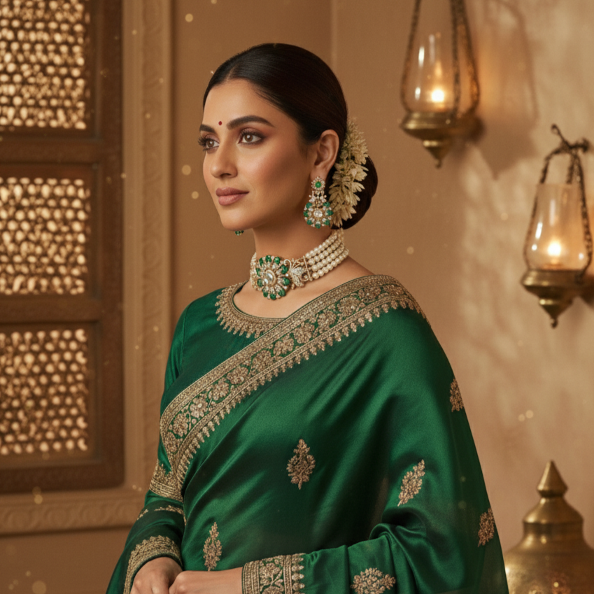 4 Layered Pearl Choker and Earrings with Emerald Stones and CZ's